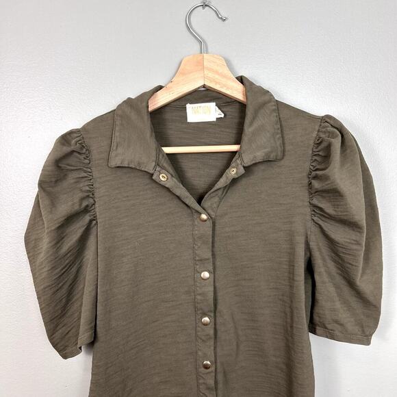 Nation LTD Ennis Workshirt Feminine Puff Sleeve Top Seaweed Army Green Small - Picture 3 of 6
